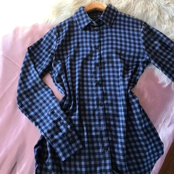 Blue checkered print button down - Picture 1 of 8